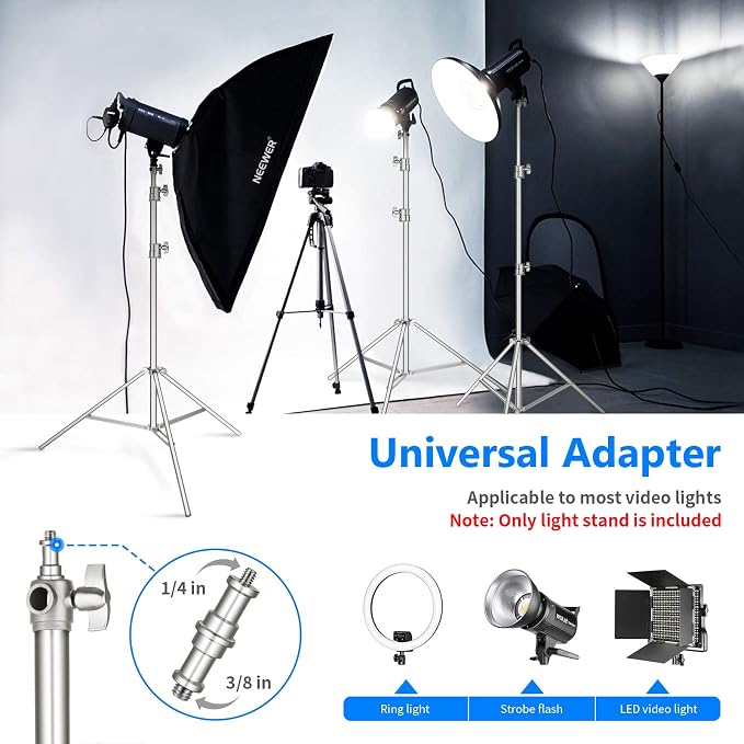 NEEWER 118"/3m Stainless Steel Light Stand, Spring Cushioned Heavy Duty Photography Tripod with 1/4" to 3/8" Universal Screw Adapter for Strobe, LED Video Light, Ringlight, Monolight, Softbox