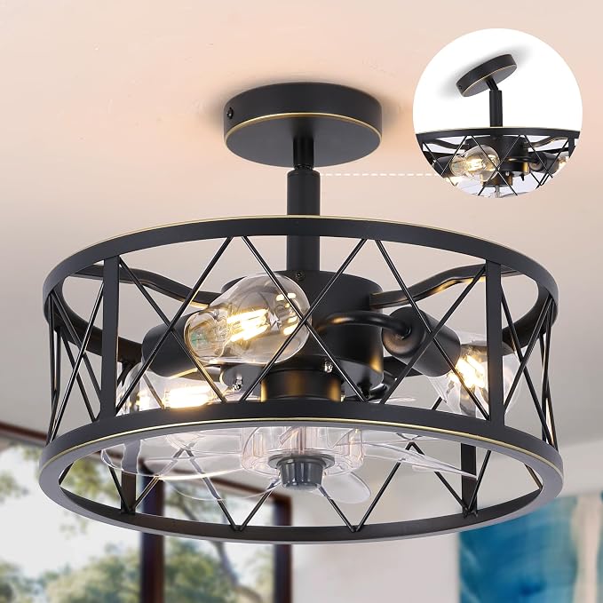 REDSTAR 15" Caged Ceiling Fans with Lights and Remote Flush Mount, Black Round Industrial Ceiling Fan Light Fixture, Small Bladeless Ceiling Fan for Bedroom, Kitchen, Indoor