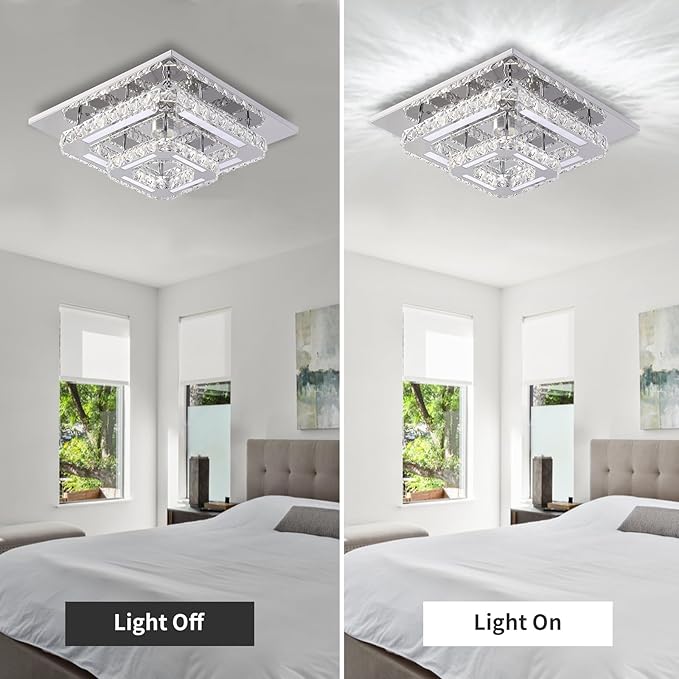 FRIXCHUR Crystal Chandelier LED Crystal Ceiling Light 2 Layers 12 inch Flush Mount Ceiling Light Modern Chandeliers Lighting for Bedroom Hallway Staircase Kitchen Closet (Cool White)