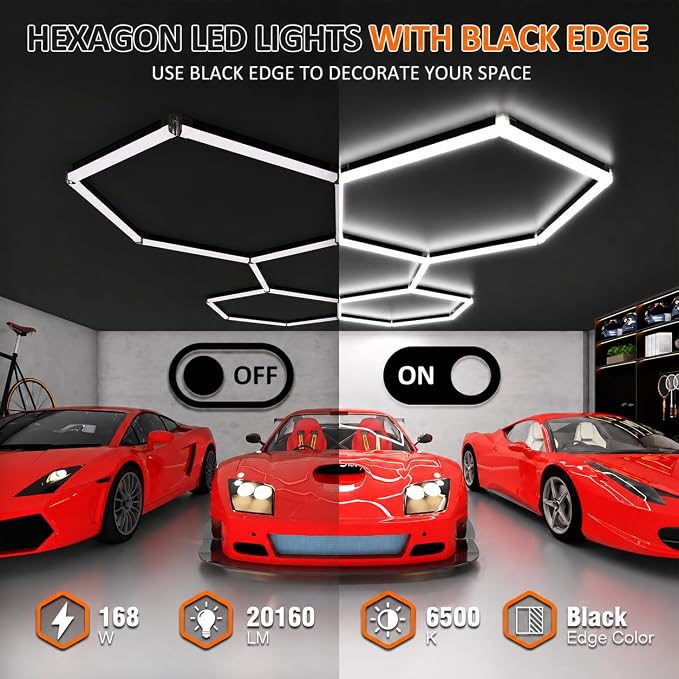 Black Hexagon Garage Lights 5 Hex, 6500K 20160 LM Super Bright Honeycomb LED Garage Ceiling Lights, Premium Car Detailing Lighting for Garage, Workshop, Gym, Barber Shop, Basement