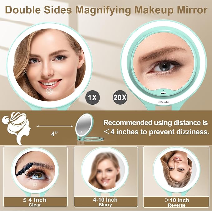 Mocado 1X/20X Magnifying Mirror with Light, Travel Makeup Mirror with Light | Double Sides Travel Mirror with 3 Color Light, Dimmable Touch, 1500mAh Rechargeable, Brightness Adjustable(Green)