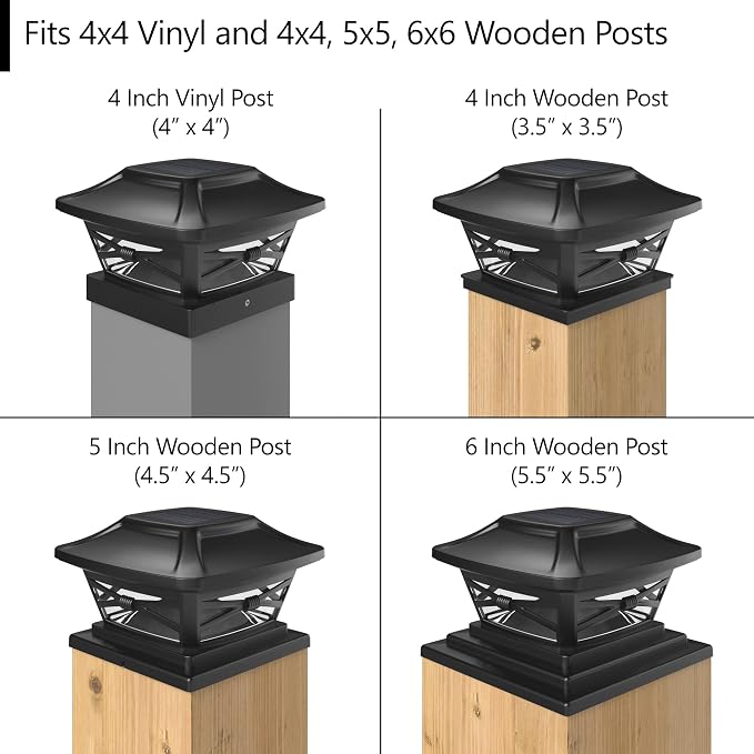 Renaissance Solar Outdoor Post Cap Lights - Includes Bases for 4x4 5x5 6x6 Posts - Bright LED Light - Slate Black (8 Pack) | Slate Black, fence/deck/garden/patio posts, UV fade-protected plastic, auto-on, 7-8h runtime, cordless, IP44, 25lm warm white