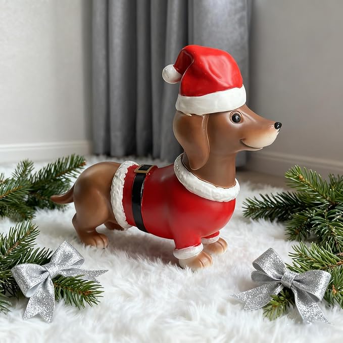 Christmas Dachshund Figurines Decor Xmas Resin Statue Ornament Cartoon Cute Puppy Tabletop Ornament Gifts Christmas Dachshund Dog Sculpture for Garden Home Party Decoration Supplies