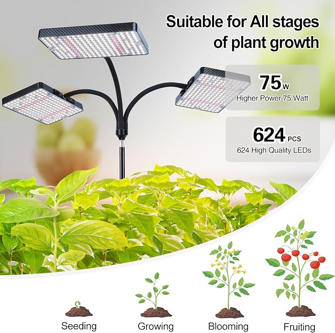3Head Grow Light with Stand, 75 Watt Bright Enough and Big Coverage, Natural Sunlight Full Spectrum Plant Growing Lamps for Tall&Large Indoor Plants, Bonsai Tree, 4/8/12/16/20H 5-Mode Timer