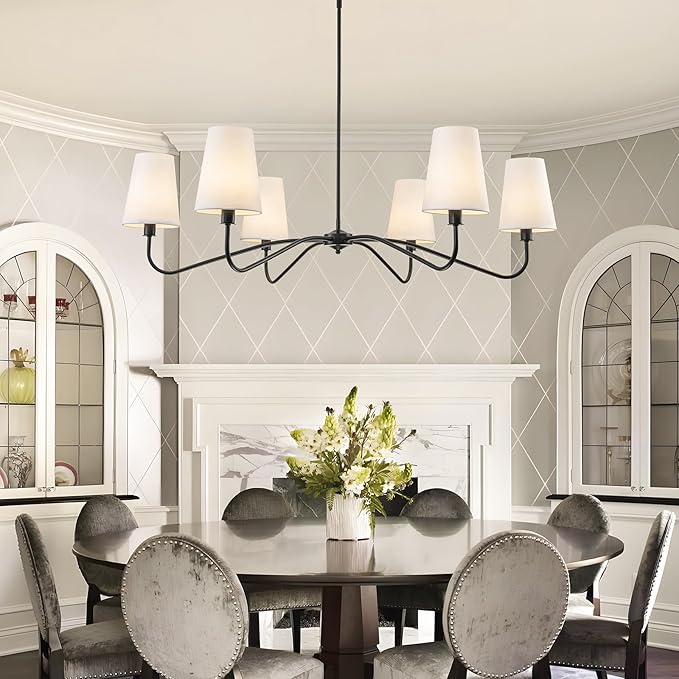 47'' Modern Chandelier with Shades, Farmhouse Chandeliers for Dining Room Light Fixture, 6-Light Large Black Chandelier, Height Adjustable Traditional Chandeliers for Living Room Kitchen E12 Base