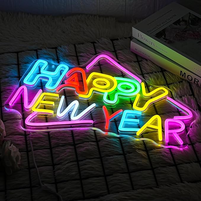 Happy New Year Neon Sign - Colorful Holiday LED Letter Wall Art, Xmas Cheers Signage, Christmas Wall Decorations