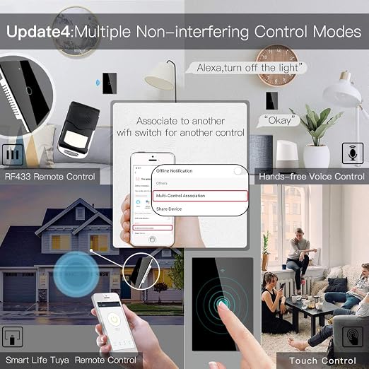 MoesGo WiFi RF433 Smart Touch Light Switch, No Neutral Wire, Black 1 Gang | Single live wire design, 2.4GHz WiFi only, minimum load 5W, Smart Life Tuya app remote, works with Alexa and Google Home