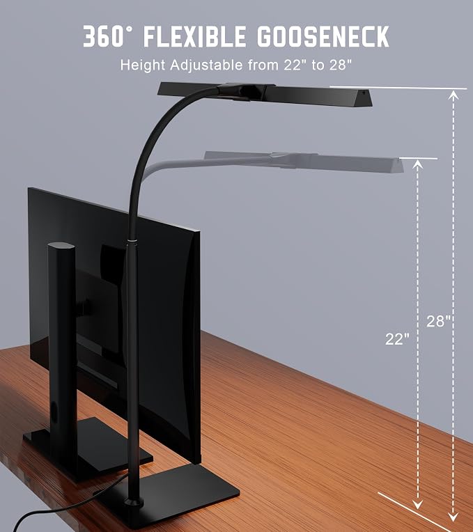 LED Desk Lamp for Home Office with Base, Eye-Caring Desk Light 12W | Tall Lamp for Computer Monitor Task Reading, Adjustable Gooseneck, 5 Dimmable Brightness & Color, USB Touch Control, Timer