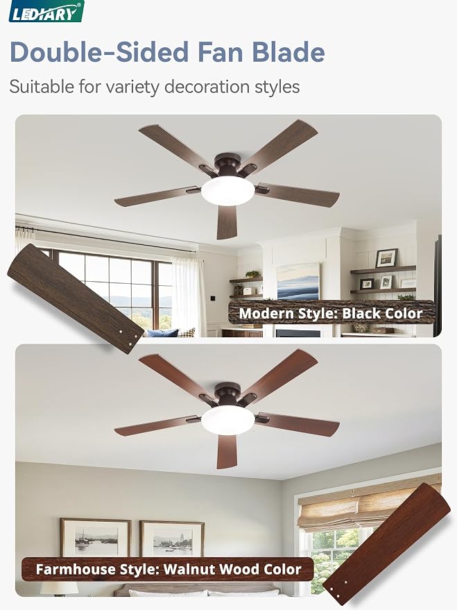 52 Inch Ceiling Fan with Lights and Remote, 30W 12" LED Panel Flush Mount Ceiling Fan, 6-Speed Quiet DC Motor Modern Low Profile Ceiling Fan with Reversible Blades for Bedroom, Living Room, Patio