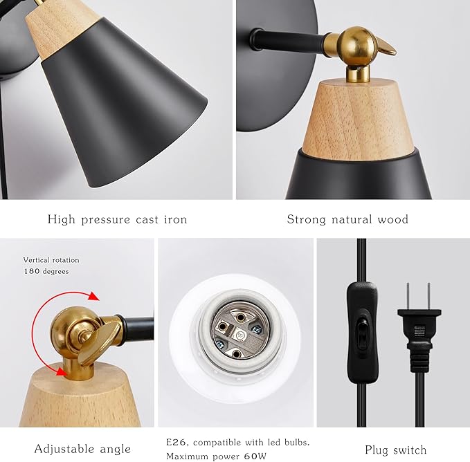 Wall Sconce Set of 2, Wall Sconce with Metal Shade, Plug Switch, Indoor Decor Wall Mount Swing Arm Lamp for Bedroom,Hallway,Living Room,Reading, Black