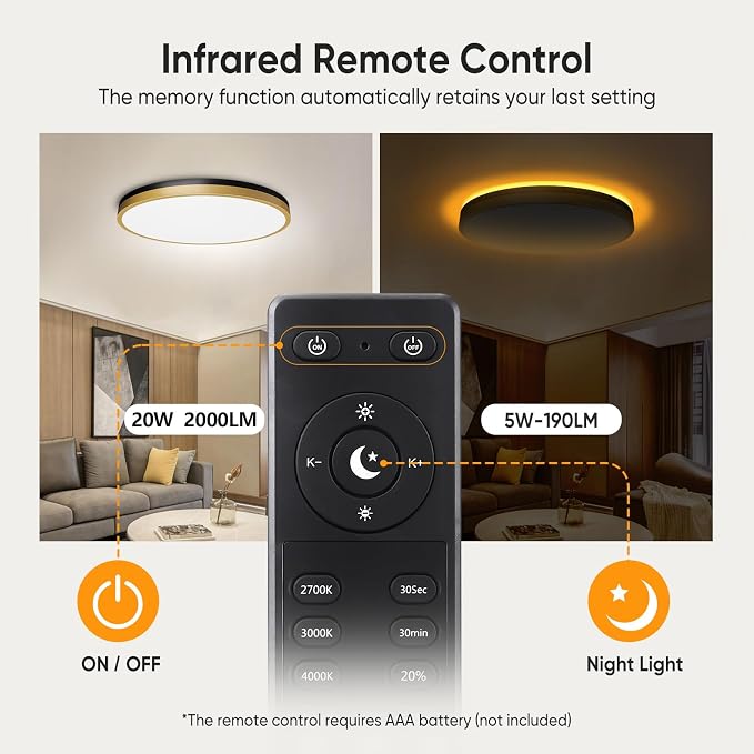 11 Inch Flush Mount Ceiling Light with Remote Control & Night Light, 5CCT Dimmable Ceiling Light Fixture, 20W 2000LM 2700K-6500K Adjustable LED Ceiling Lights for Bedroom Kitchen Living Room
