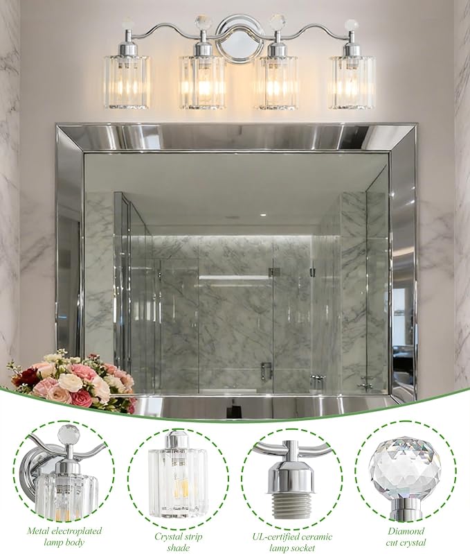 Bathroom Light fixtures,Chrome Vanity Lights for Bath,4-Lights Bathroom Vanity Lights Fixture with Clear Crystal Glass Shade, Modern Wall Light Over Mirror, Wall Sconces Light for Hallway