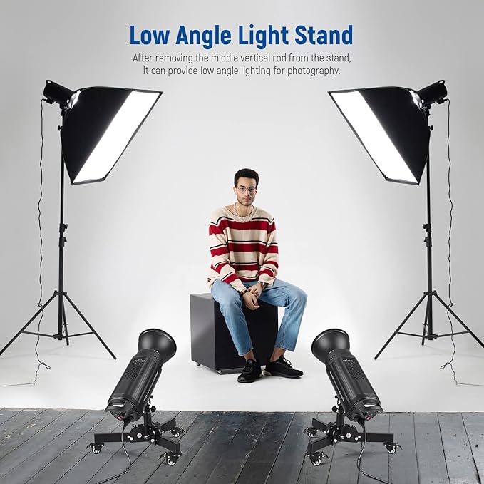 NEEWER Pack of 2 Heavy Duty Light Stands with Wheels, 2.4 Feet Max. Height, Foldable Tripod Stand for Low Angle Shooting, Light Stand for Softbox, Monolight and Other Photography Equipment, ST72