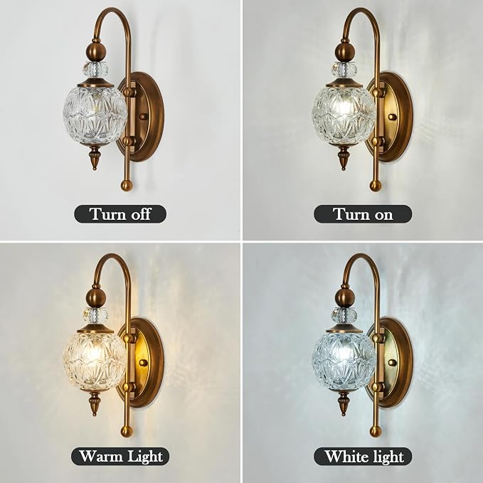 Piepooye Vintage Gold Wall Sconce with Glass Globe Shade Mid Century Brushed Brass G9 Bulb Vanity Light Indoor Wall Light for Bathroom Farmhouse Bedroom Living Room Hallway