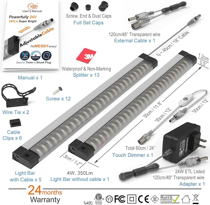 EBD Under Cabinet Lighting Plug in 6 Pcs 12 Inch, Dimmable No Messy Wires Built-in Adjustable Cable LED Light Bar 6500K 2700LM for Kitchen Home Office, Memory for Smart Plug, 1 Pcs Extension Cables