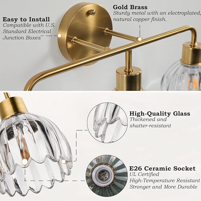 4-Light Gold Brass Bathroom Light Fixture with Clear Tulip Glass Shade,Wall Sconces,Vintage Vanlity Light Over Mirror,Bathroom Wall Light,E26 Socket(Bulbs Not Included) ASIN B0FVG