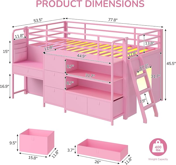 Low Loft Bed Twin Size with Desk, 6 Storage Drawers & Bookshelf, Kids Loft Bed with LED Lights & Under-Bed Play Space, Heavy Duty Metal Bed Frame with 13.8"H Safety Guardrail & Ladder, Pink