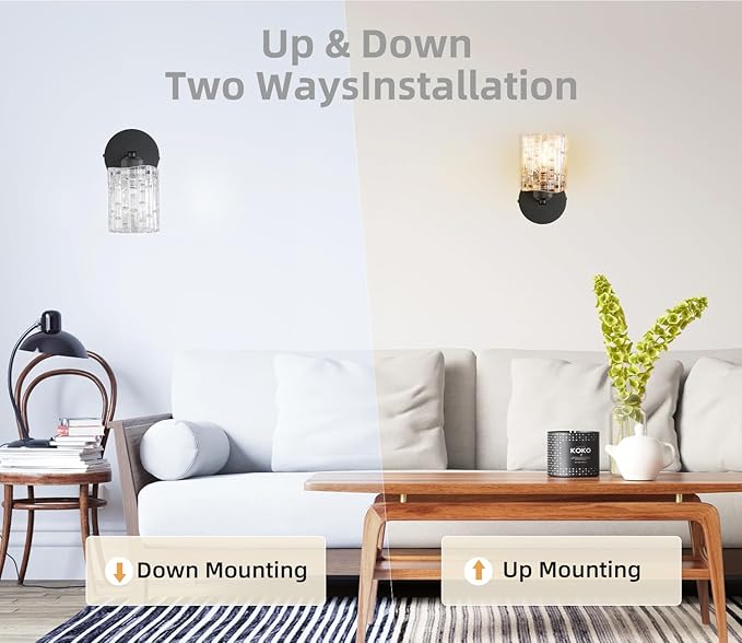 2-Pack 1-Light Modern Matte Black Crystal Wall Sconces, Hardwired Indoor Bathroom Vanity Light Fixtures, Crystal Over Mirror Lamps for Living Room, Bedroom, Hallway