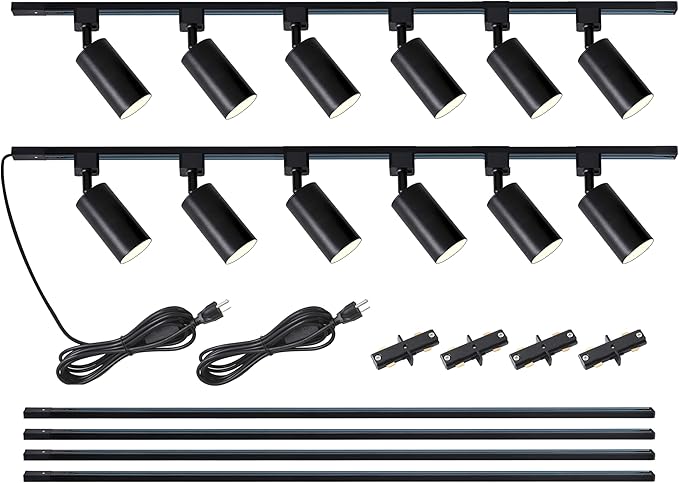 Plug-in Track Lighting Kit With Power Cord, 12-Light GU10 H Type Rails, Modern Kitchen LED Ceiling Spot Light Fixtures, 13FT, Black (No Bulbs)