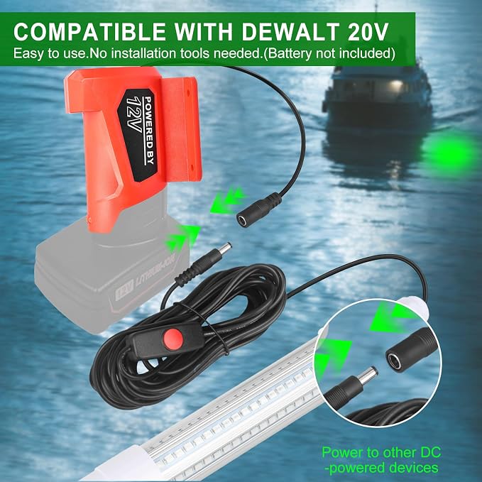 Underwater Fishing Light Compatible with Milwaukee M12 Battery | Fishing Lights LED Underwater For Crappie And Squid Attracting,13W,1512 lumens,Green Dock Light(No Battery)