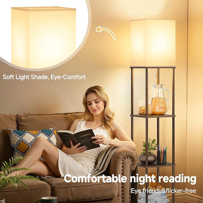 SHINE HAI Floor Lamp with Shelves, 3-Tier Square Modern Shelf Lamp | 3CCT Bright Bulb Included, Tall Standing Lamps for Living Room Bedroom Office