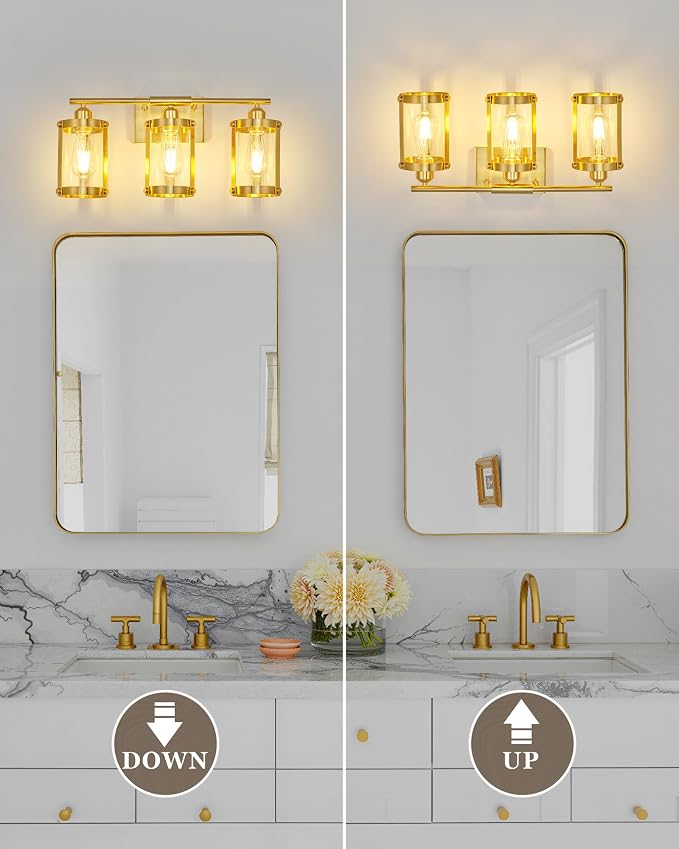 3-Light Brushed Gold Bathroom Light Fixtures, 21 Inch Modern Bathroom Vanity Lighting Fixtures Over Mirror with Clear Glass and Metal Cage Wall Sconce Lights for Bath, E26, OS-3014BG-3W
