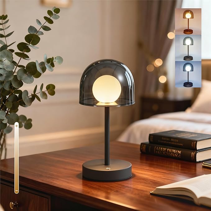 LED Modern Lamp, Small Mushroom Lamp Cordless, Unique Decor Light | Rechargeable Mushroom Desk Lamp Dimmable, IP44 Bathroom Lamp Countertop, Mini Bedside Wireless Lamp for Living Room (Grey)