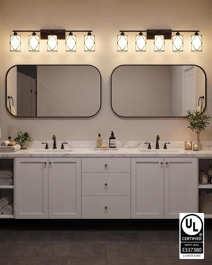 5-Light Oil Rubbed Bronze Bathroom Light Fixtures Over Mirror, 38" UL-Listed Modern Farmhouse Wall Sconce Lights with Milk White Frosted Glass and Metal Cage for Bath, E26, CH9176ORBW-5W
