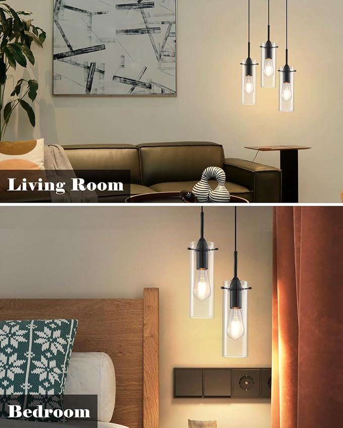 Black Pendant Lights Kitchen Island 3 Packs, Clear Glass Pendant Light, Modern Glass Pendant Light Fixture, Industrial Pendant Lights for Kitchen Island, Living Room, Bedroom, Dining Room