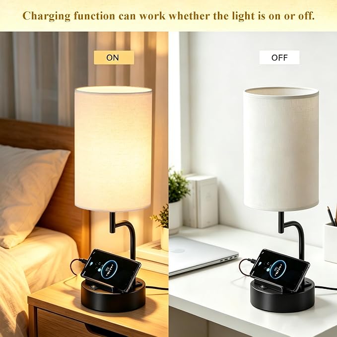 Dreamholder 2 Pack Table Lamp, Bedside Lamp with 3 USB Charging Ports & AC Outlet, USB Desk Lamp with 2 Phone Holders, Linen Fabric Shade Nightstand Lamps for Bedroom Living Room Office, Black