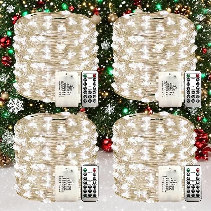 WSgift Christmas 4 Pack 33Ft 100 Cool White Led Fairy Lights Battery Operated with Remote Control Timer Waterproof Silver Copper Wire Twinkle Lights