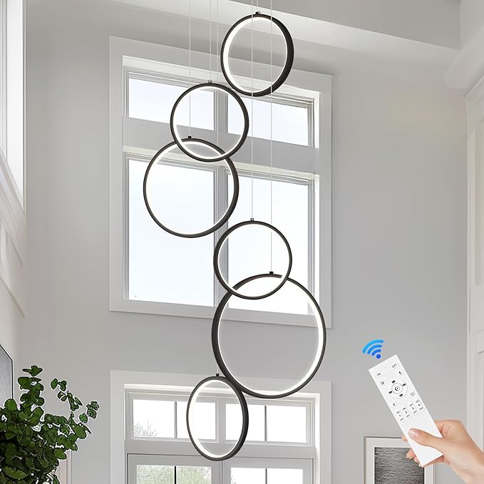Modern LED Chandelier 6 Ring Black LED Pendant Light Adjustable Height Hanging Ceiling Light Fixture Dimmable Chandelier Ceiling Hanging for Foyer, Entryway (98.5in 3000K-6500K)
