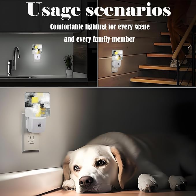 Abstract Oil Painting Night Light,Grey and Yellow Plug Into Wall with Dusk to Dawn Light Sensors, Warm Nightlights for Bedroom,Bathroom,Hallway,Kitchen,Gifts Ideal for Boys Girls Women Men