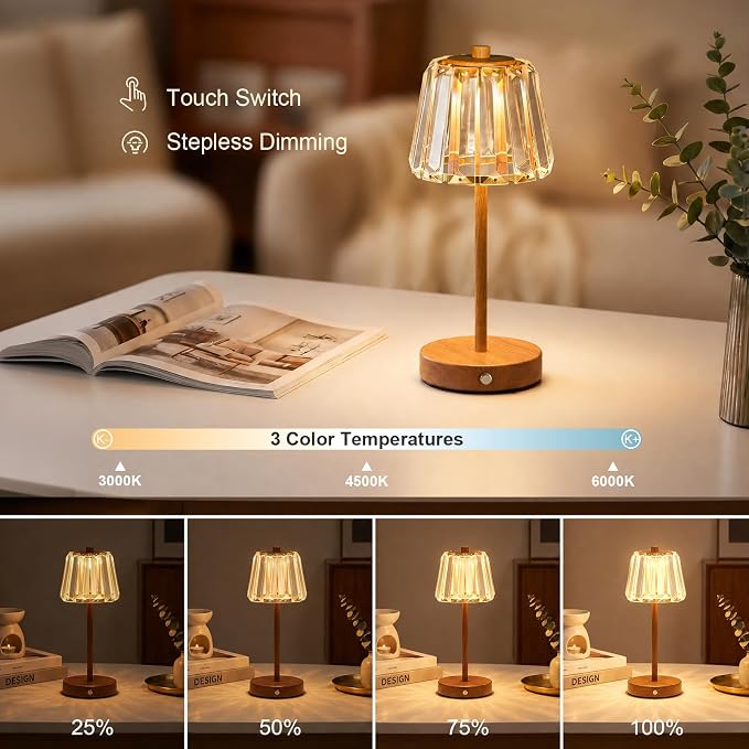 13" Small Crystal Cordless Table Lamp, Touch Rechargeable Desk Lamps | 3 Color Temps, Stepless Dimming, Wood Grain Portable Battery Operated LED Desk Lamps for Bedside, Nightstand, Kitchen, Patio
