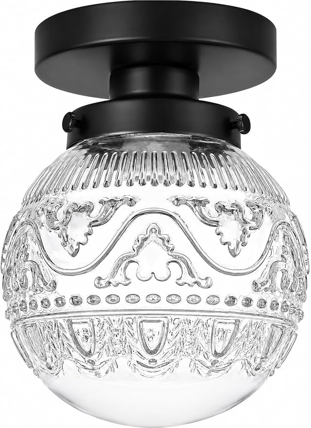 Daunton Semi Flush Mount Ceiling Light Fixtures, Vintage Globe Glass Ceiling Light Fixture, Antique Small Black Hallway Light Fixtures for Bedroom, Closet, Entryway, Bathroom, Kitchen