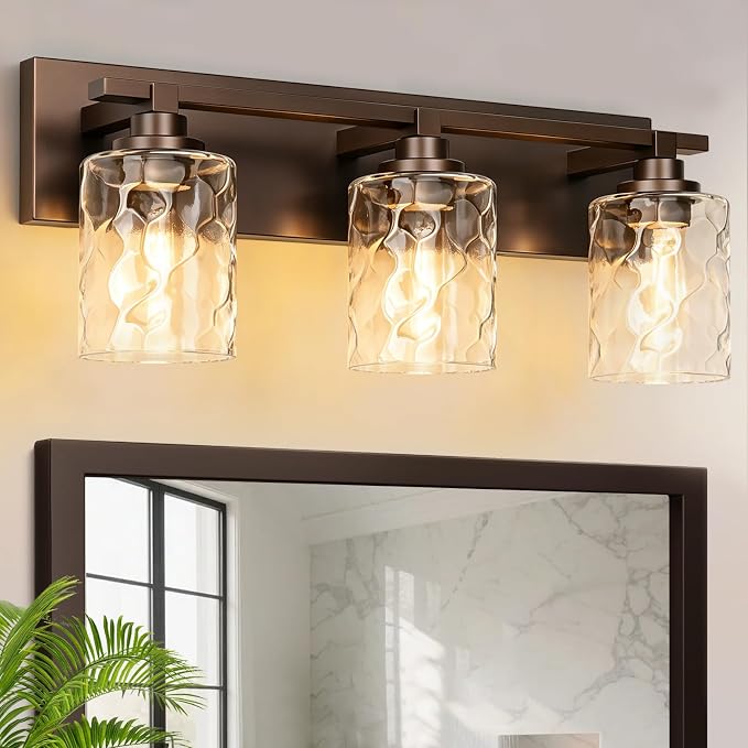 Modern Bathroom Lighting Fixtures Over Mirror, Vanity Lights for Bathroom, Wall Sconces with Clear Glass Shades, E26 Ceramic Socket, 3-Light 19.7-inch Oil-Rubbed