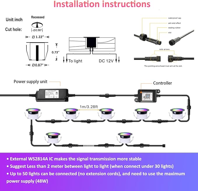 Sumaote LED Deck Lights Kit, 10 Pack 1.22" WiFi Smart RGBW+IC Multicolor | Recessed Low Voltage 12V IP67 Waterproof, App Control Dynamic Color Changing, for Outdoor Step Stair Garden Yard Landscape