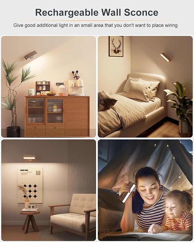 Wooden Wall Lights Battery Operated with Remote,Rechargeable Wall Sconce for Bedroom with 3 Color Temperature, Magnetic, Stick-On, Dimmable Wall Reading Lights (Walnutwood, 1 Pack)