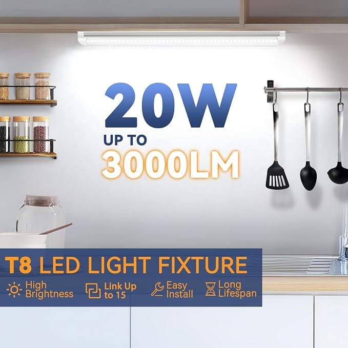 CNSUNWAY 1.5FT LED Shop Light, 20W Under Cabinet Lighting 6000K, V-Shape | 18" T8 Tube Fixtures, Linkable Under Counter Lights for Kitchen, Workbench, Workshop, Plug and Play, ETL Listed, 2 Pack