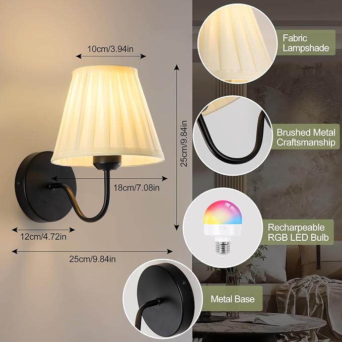 Vintage Battery Operated Wall Sconces Set of 2, Pleated Fabric Shade Black Wall Lamp with Remote Control, Cordless Rechargeable Wall Sconces Fixtures for Bedroom, Living Room, Beside