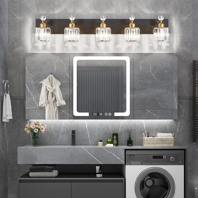PRESDE 5-Light Crystal Bathroom Vanity Light, Modern Black and Gold Wall Sconce ， Wall Lamp for Over Mirror Bedroom Hallway