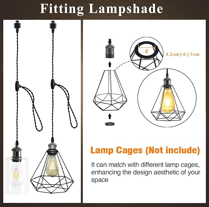H Track Pendant Lights with Adjustable Cord, H Type Track Lighting Pendants Lights Fixtures with E26 Socket, Retro Vintage Style, Max Length 39.37 inch, Black 6 Pack(Bulbs Not Included)