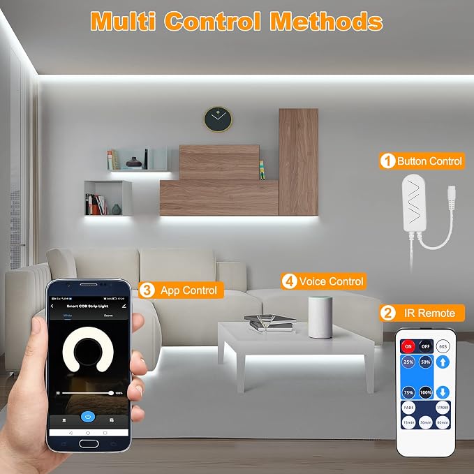 Tatazone WiFi Smart White COB Led Strip Light with Remote | 16.4ft, 6500K, Work with Alexa and Google, Timer, Group Control, Dimmable Daylight White for Cabinet, Room, Kitchen, Shelf