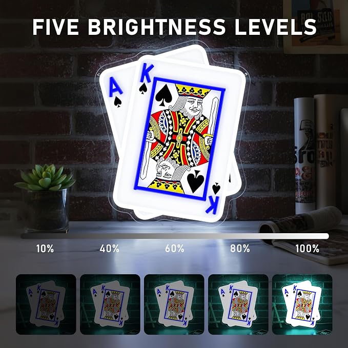 Poker Neon Sign, UV Printed Playing Cards LED Light for Man Cave Decor | USB-Powered Dimmable “A,K” Spade Cards Light Sign for Poker Rooms, Game Rooms, Man Caves, and Poker Nights