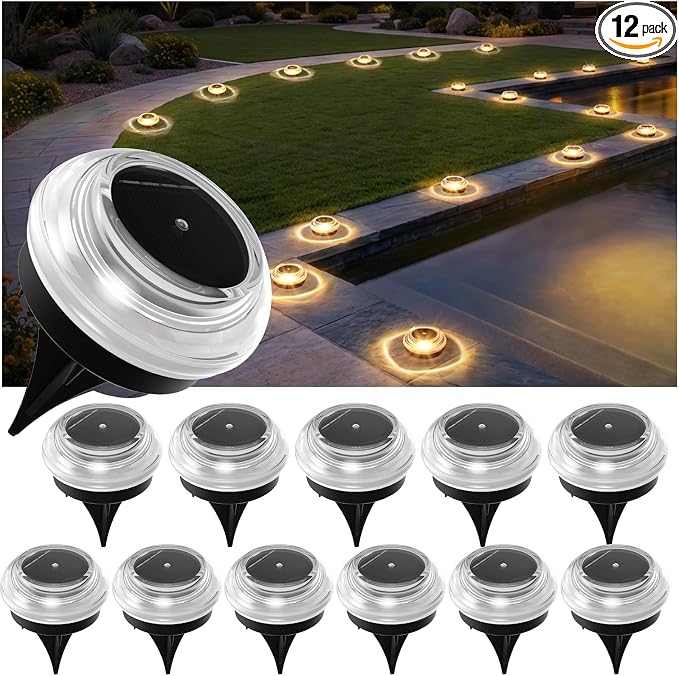 Solar Ground Lights Outdoor, 12PK IP67 Waterproof, 3-Ton Load Capacity | Warm White, 3-Ton Load Capacity, Shatterproof Acrylic & ABS, for Driveway, Pathway, Sidewalk, Garden, Dock, Yard Decor