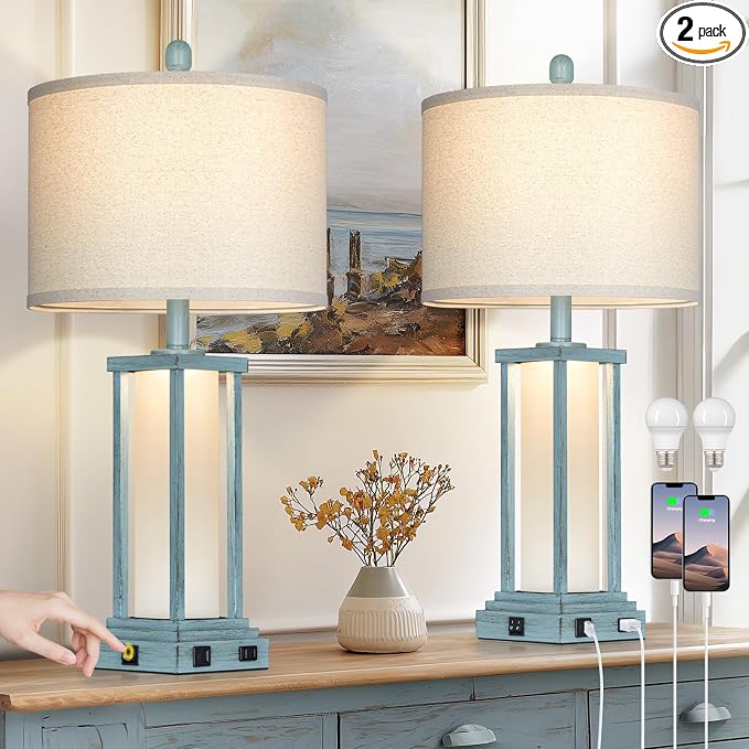 27" Tall Vintage Table Lamp Set of 2 with USB C+A & Outlet,Nightstand Lamp for Living Room,Coastal Bedside Lamps with Frosted Glass Night Light for Bedroom Entryway,Blue