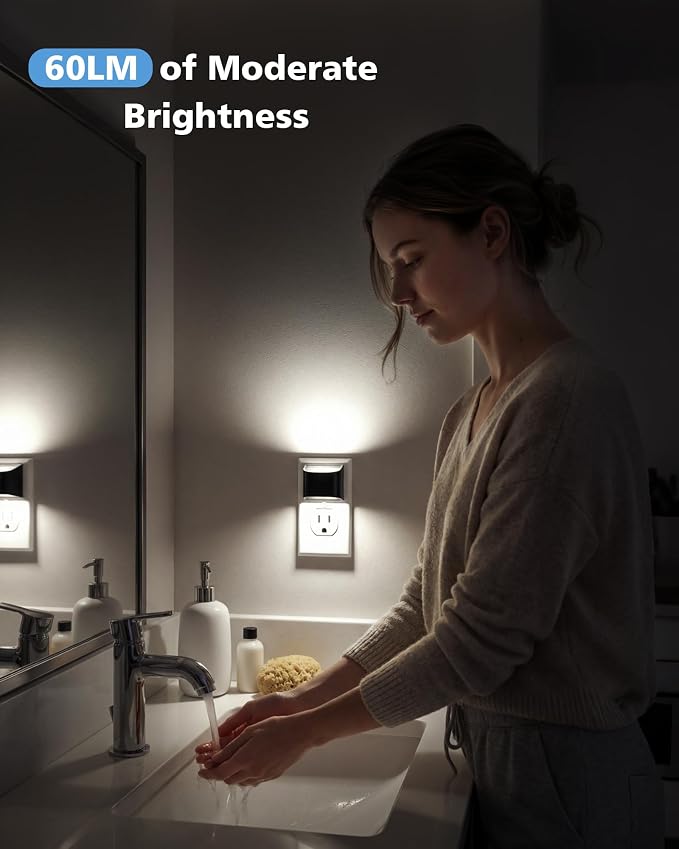 VOLISUN LED Night Light Cool White, 4 Pack Up and Down Night Lights Plug into Wall with Dusk to Dawn Light Sensor, 6000K Nightlight for Hallway, Bedroom, Bathroom, Kitchen Black