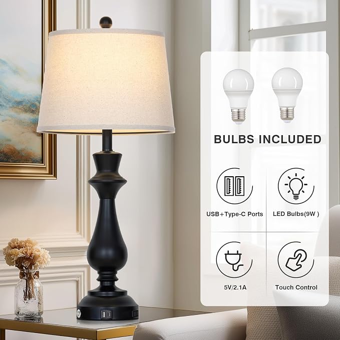 Modern Black Table Lamps Set of 2 for Living Room,30" Tall Bedside Lamp with USB Charging Port,3-Way Dimmable Touch Nightstand Lamp for Bedroom Desk Side Table Office,Black