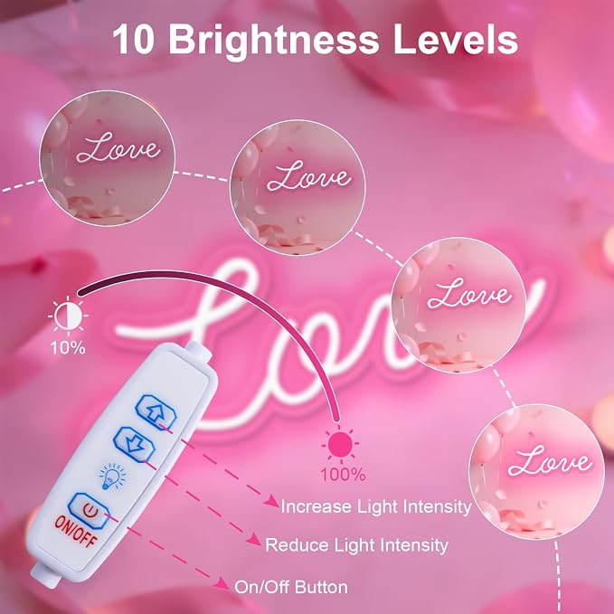 Love Neon Sign, LED Love Light up Sign Wall Decor for Girl Bedroom Christmas Valentine's Day Wife Women Birthday Gift Living Room Home Decor, 16"x 6" USB Powered 10 Pink Brightness Light up