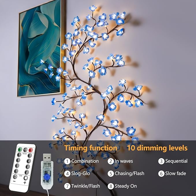 7.55FT 144LED Blue Cherry Blossom Tree Branch Lights for Wall, Battery Box | Cherry Enchanted Willow Vine Lights with Remote Timer,8 Light Model,Bedroom Wall Wedding, Christmas,USB Battery Box